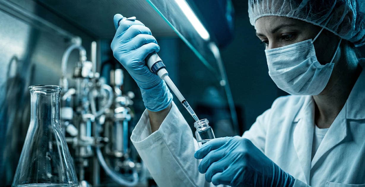 Laboratory scientist working with peptide compounds in a clinical setting